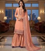 Women's peach embroidered faux georgette unstiched dress material with dupatta