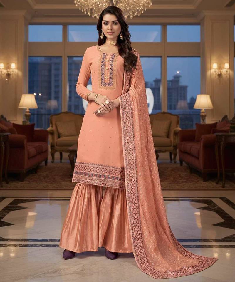 Women's peach embroidered faux georgette unstiched dress material with dupatta