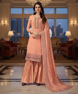 Women's peach embroidered faux georgette unstiched dress material with dupatta 2