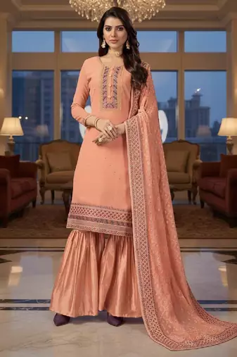 Women's peach embroidered faux georgette unstiched dress material with dupatta