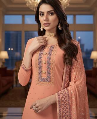 Women's peach embroidered faux georgette unstiched dress material with dupatta 3