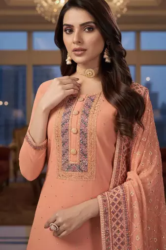 Women's peach embroidered faux georgette unstiched dress material with dupatta