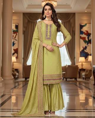 Women's lemon yellow embroidered faux georgette unstiched dress material with dupatta 1