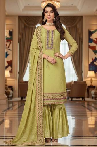 Women's lemon yellow embroidered faux georgette unstiched dress material with dupatta