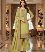 Women's lemon yellow embroidered faux georgette unstiched dress material with dupatta