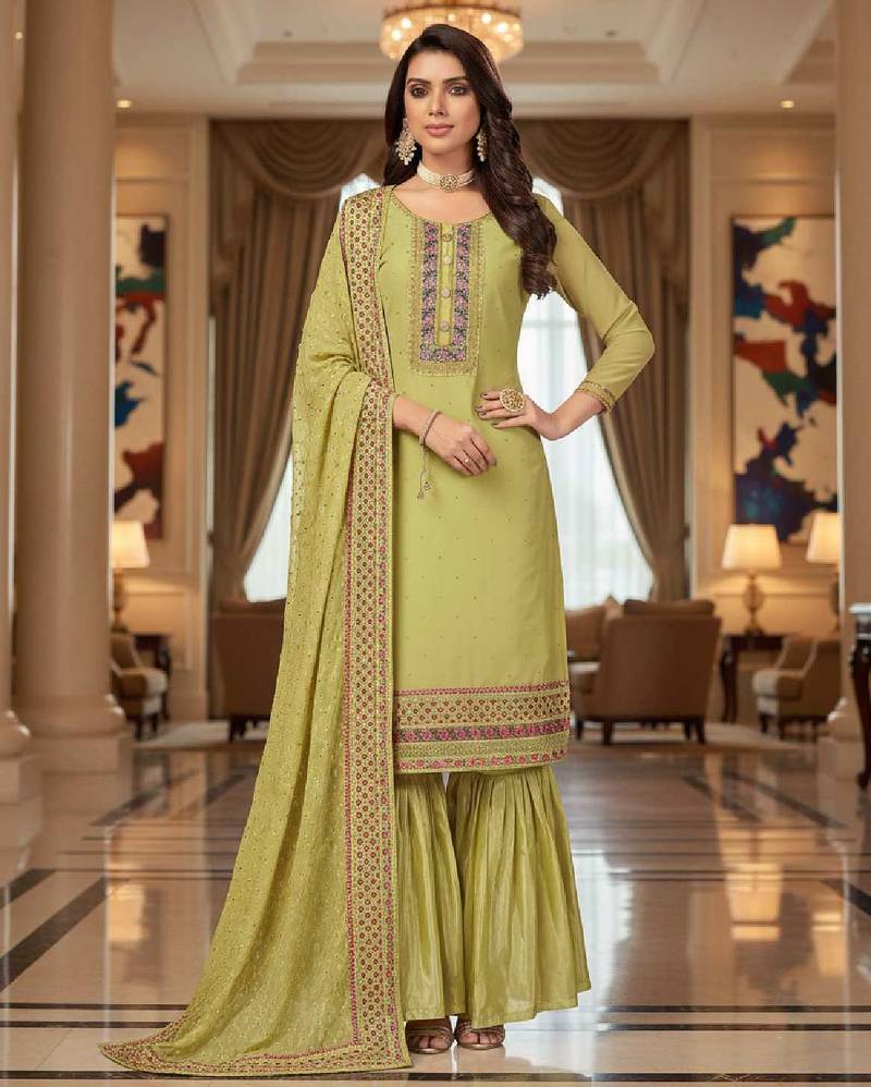 Women's lemon yellow embroidered faux georgette unstiched dress material with dupatta