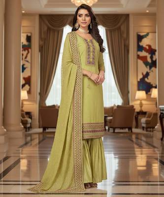 Women's lemon yellow embroidered faux georgette unstiched dress material with dupatta 2