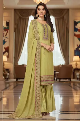 Women's lemon yellow embroidered faux georgette unstiched dress material with dupatta