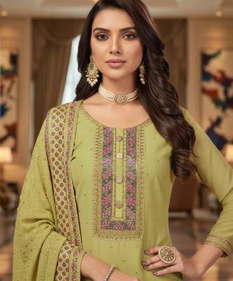Women's lemon yellow embroidered faux georgette unstiched dress material with dupatta 3