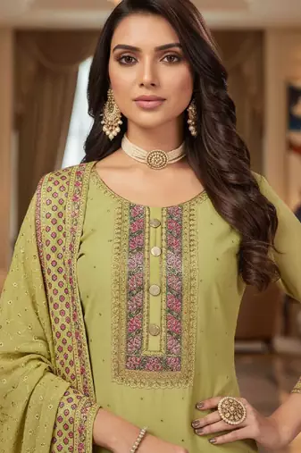 Women's lemon yellow embroidered faux georgette unstiched dress material with dupatta