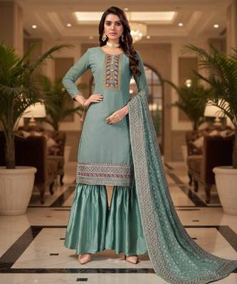 Women's blue embroidered faux georgette unstiched dress material with dupatta 1