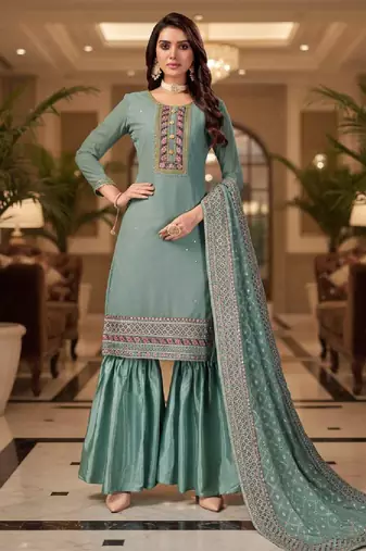 Women's blue embroidered faux georgette unstiched dress material with dupatta