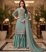 Women's blue embroidered faux georgette unstiched dress material with dupatta