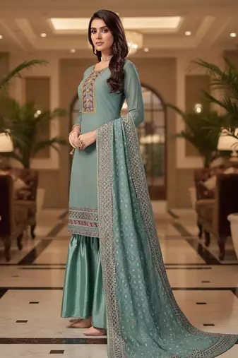 Women's blue embroidered faux georgette unstiched dress material with dupatta