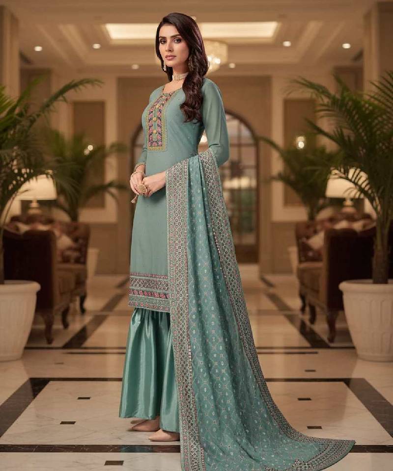 Women's blue embroidered faux georgette unstiched dress material with dupatta