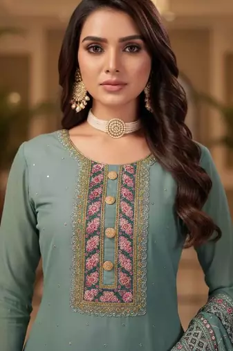 Women's blue embroidered faux georgette unstiched dress material with dupatta