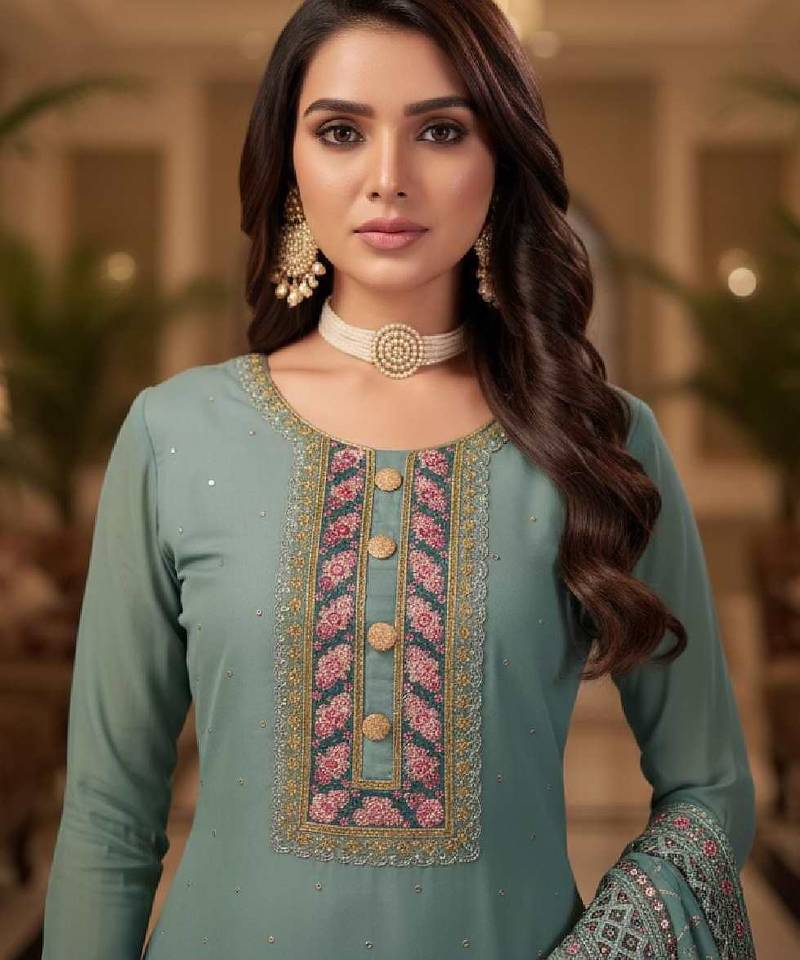 Women's blue embroidered faux georgette unstiched dress material with dupatta