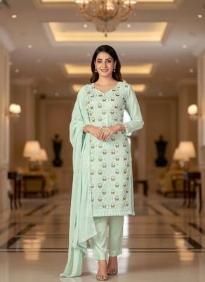 Women's mint green embroidered faux georgette unstiched dress material with dupatta 1
