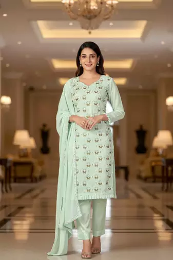 Women's mint green embroidered faux georgette unstiched dress material with dupatta