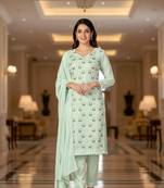 Women's mint green embroidered faux georgette unstiched dress material with dupatta