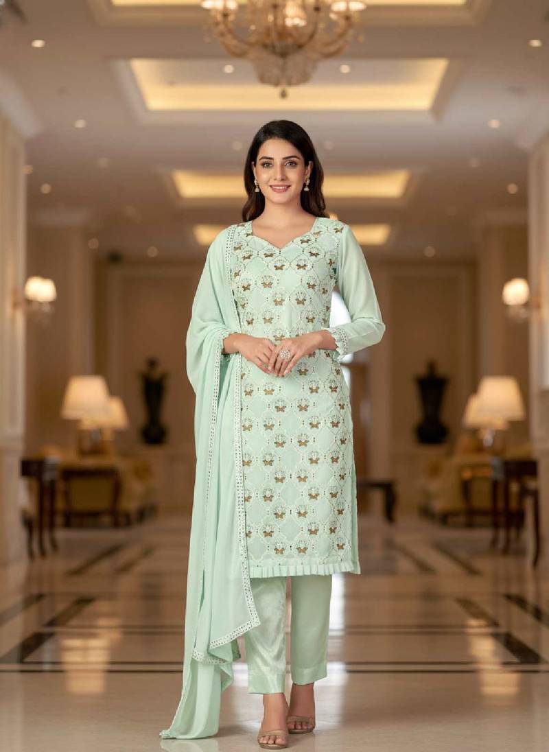 Women's mint green embroidered faux georgette unstiched dress material with dupatta