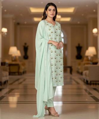 Women's mint green embroidered faux georgette unstiched dress material with dupatta 2