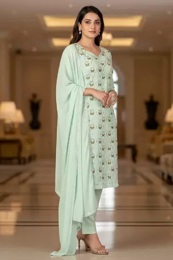Women's mint green embroidered faux georgette unstiched dress material with dupatta