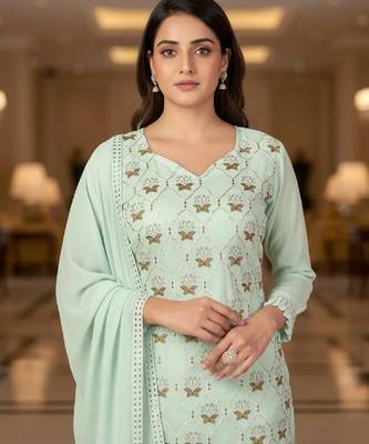 Women's mint green embroidered faux georgette unstiched dress material with dupatta 3