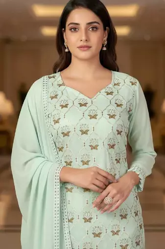 Women's mint green embroidered faux georgette unstiched dress material with dupatta