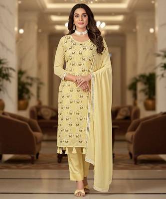Women's yellow embroidered faux georgette unstiched dress material with dupatta 1