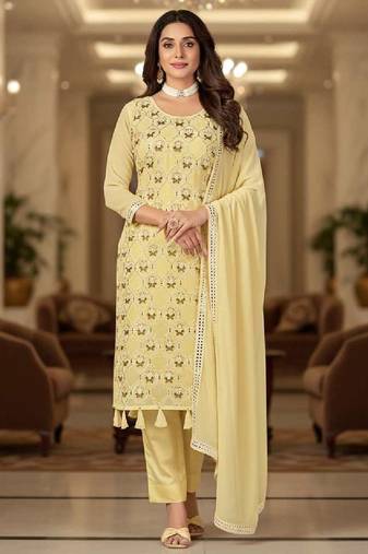 Women's yellow embroidered faux georgette unstiched dress material with dupatta