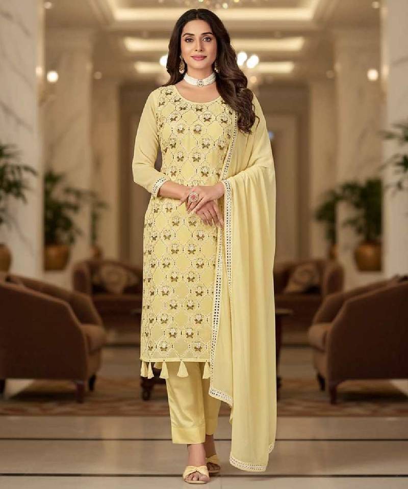 Women's yellow embroidered faux georgette unstiched dress material with dupatta