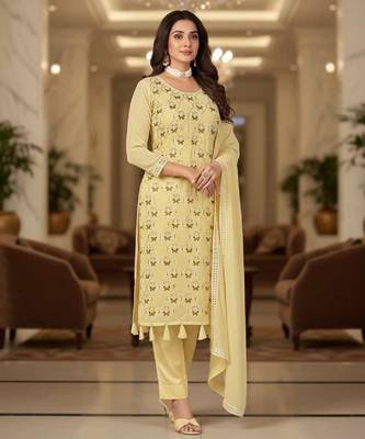 Women's yellow embroidered faux georgette unstiched dress material with dupatta 2