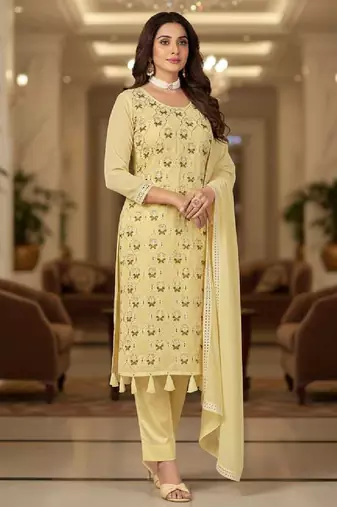 Women's yellow embroidered faux georgette unstiched dress material with dupatta