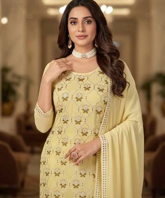 Women's yellow embroidered faux georgette unstiched dress material with dupatta 3