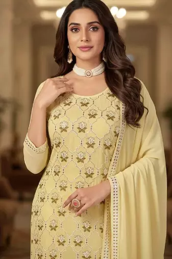 Women's yellow embroidered faux georgette unstiched dress material with dupatta