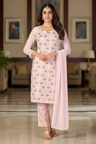 Women's light pink embroidered faux georgette unstiched dress material with dupatta