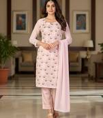 Women's light pink embroidered faux georgette unstiched dress material with dupatta