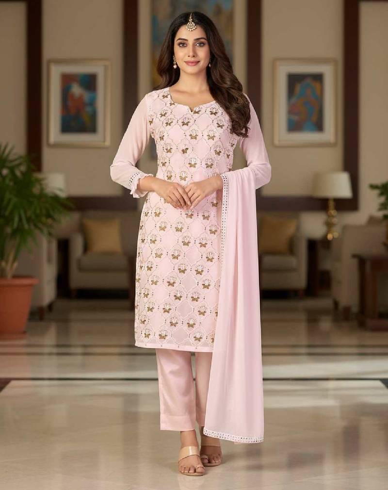 Women's light pink embroidered faux georgette unstiched dress material with dupatta