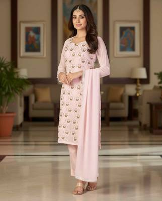 Women's light pink embroidered faux georgette unstiched dress material with dupatta 2