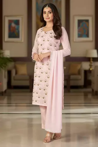 Women's light pink embroidered faux georgette unstiched dress material with dupatta