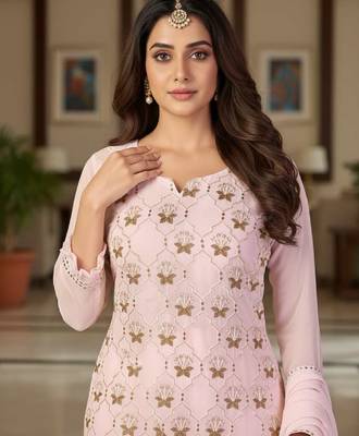 Women's light pink embroidered faux georgette unstiched dress material with dupatta 3