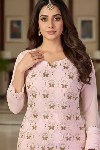 Women's light pink embroidered faux georgette unstiched dress material with dupatta