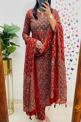 Floral embroidered cotton round neck red  kurta trouser & dupatta set 1