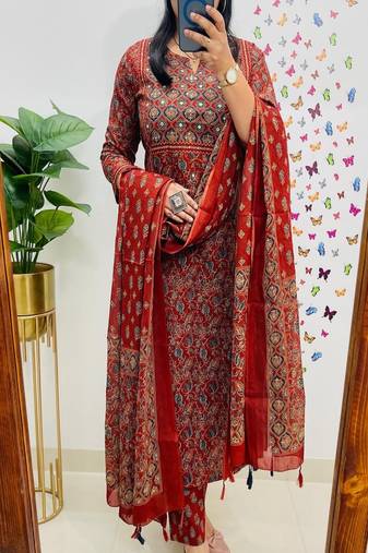Floral embroidered cotton round neck red  kurta trouser & dupatta set