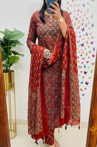 Floral embroidered cotton round neck red  kurta trouser & dupatta set