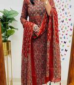 Floral embroidered cotton round neck red  kurta trouser & dupatta set