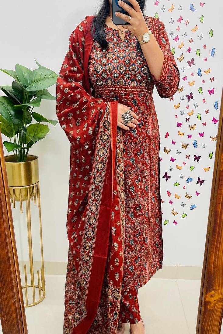Floral embroidered cotton round neck red  kurta trouser & dupatta set