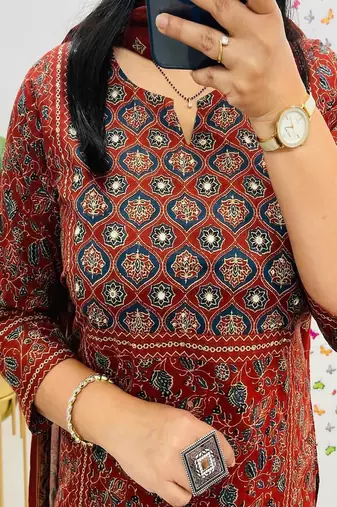 Floral embroidered cotton round neck red  kurta trouser & dupatta set