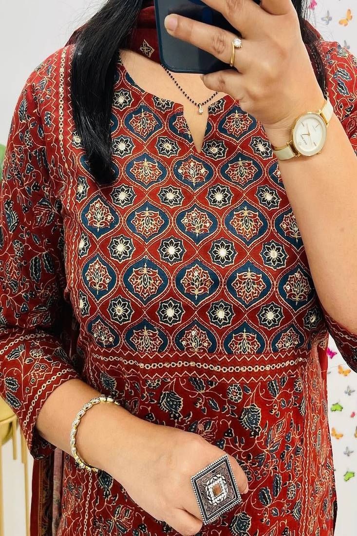 Floral embroidered cotton round neck red  kurta trouser & dupatta set